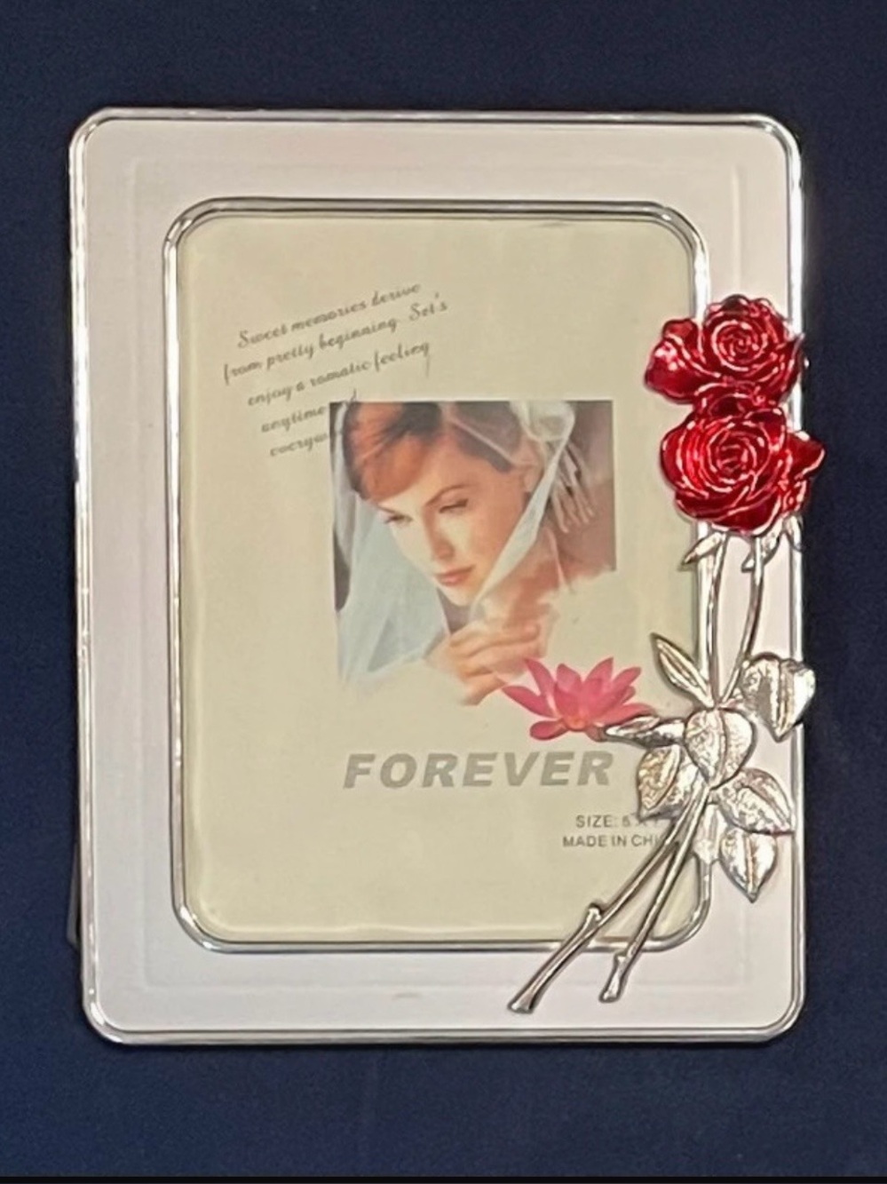 Vintage! FOREVER Silver Metal Picture Frame Red Roses Wedding Romance (4x6)